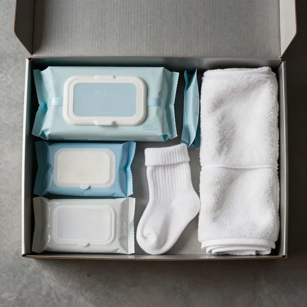 Overhead flatlay of a shelter care box with hygiene items, socks, wipes, snacks and a folded towel on brushed metal.