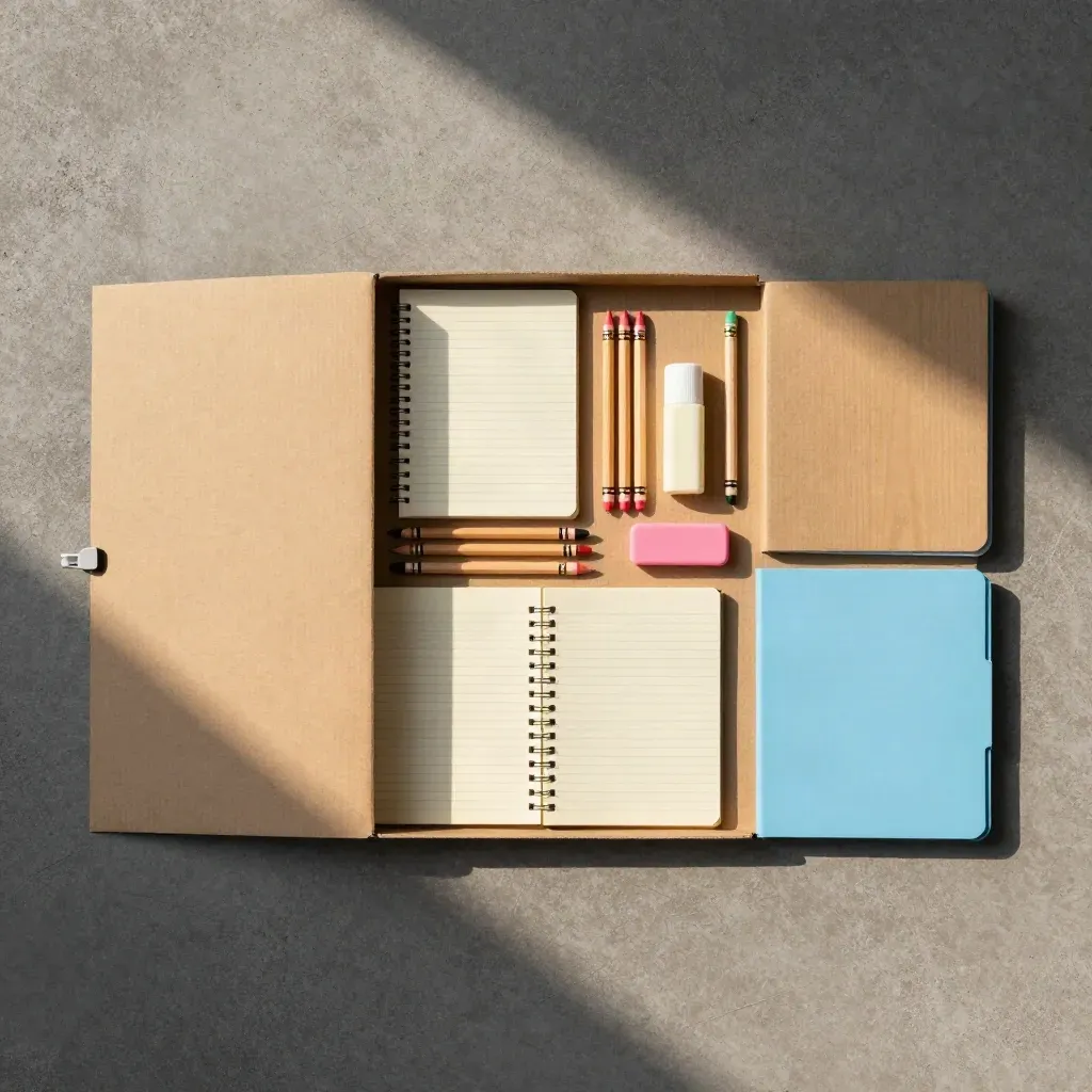 Overhead school supply box with notebooks, pencils, crayons, glue sticks, erasers and folders on concrete.