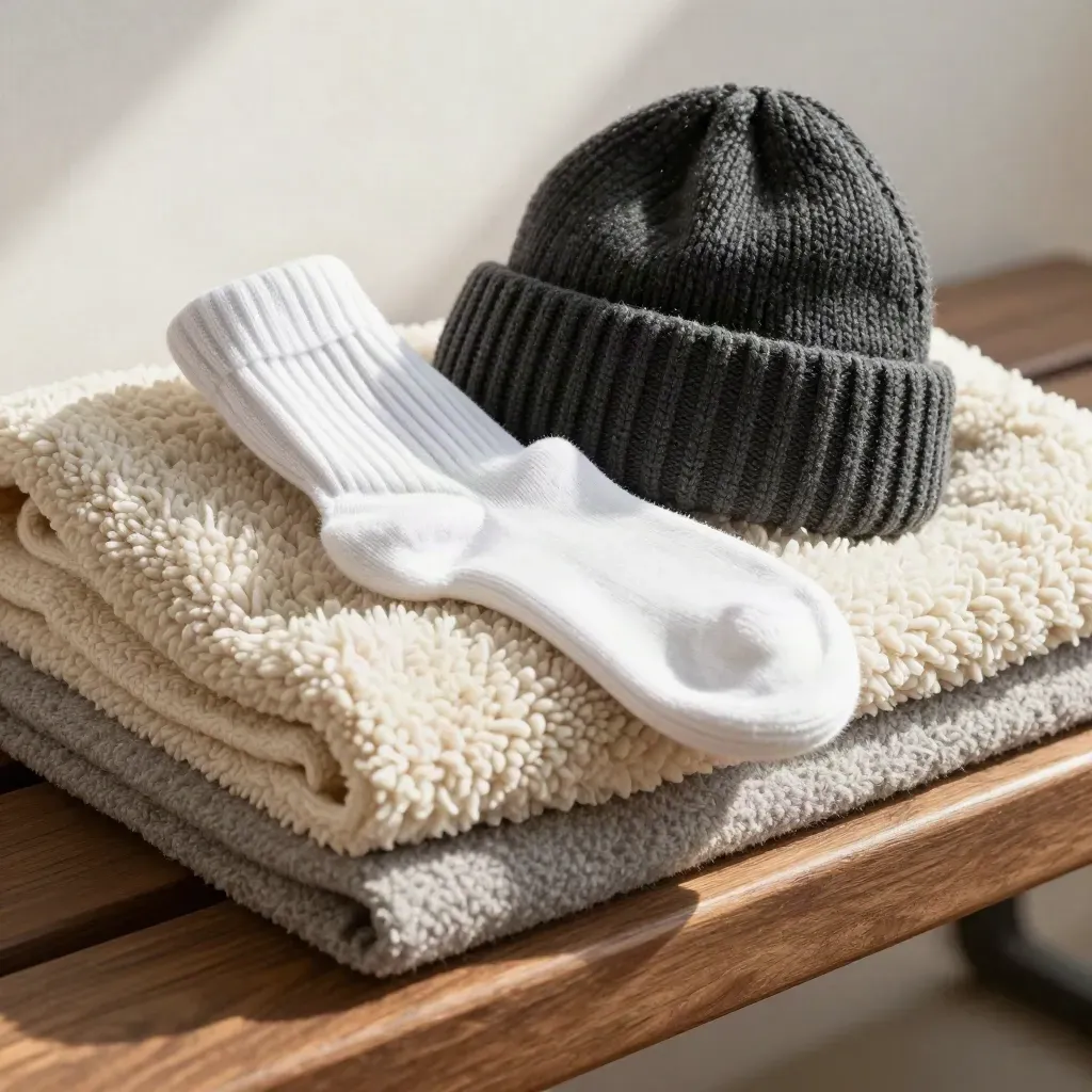 Winter comfort pack materials—fleece blanket, socks, knit cap and hand warmers—on a sunlit bench