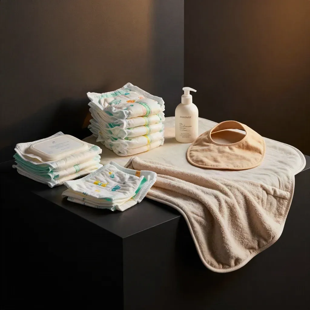 Opened baby basics kit with diapers, wipes, muslin cloths, lotion and bib on a dark studio plinth.