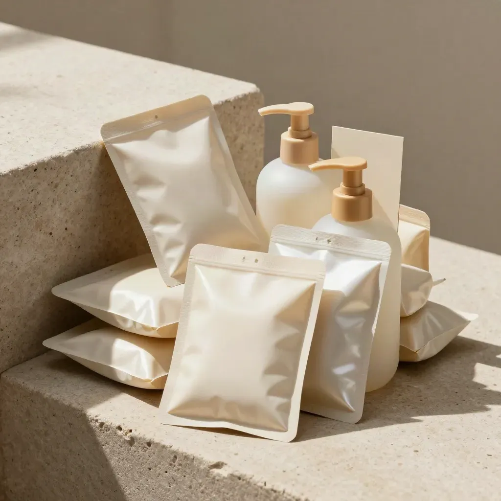 Six refill soap pouches and a pump bottle on brushed stone with warm gold accents.