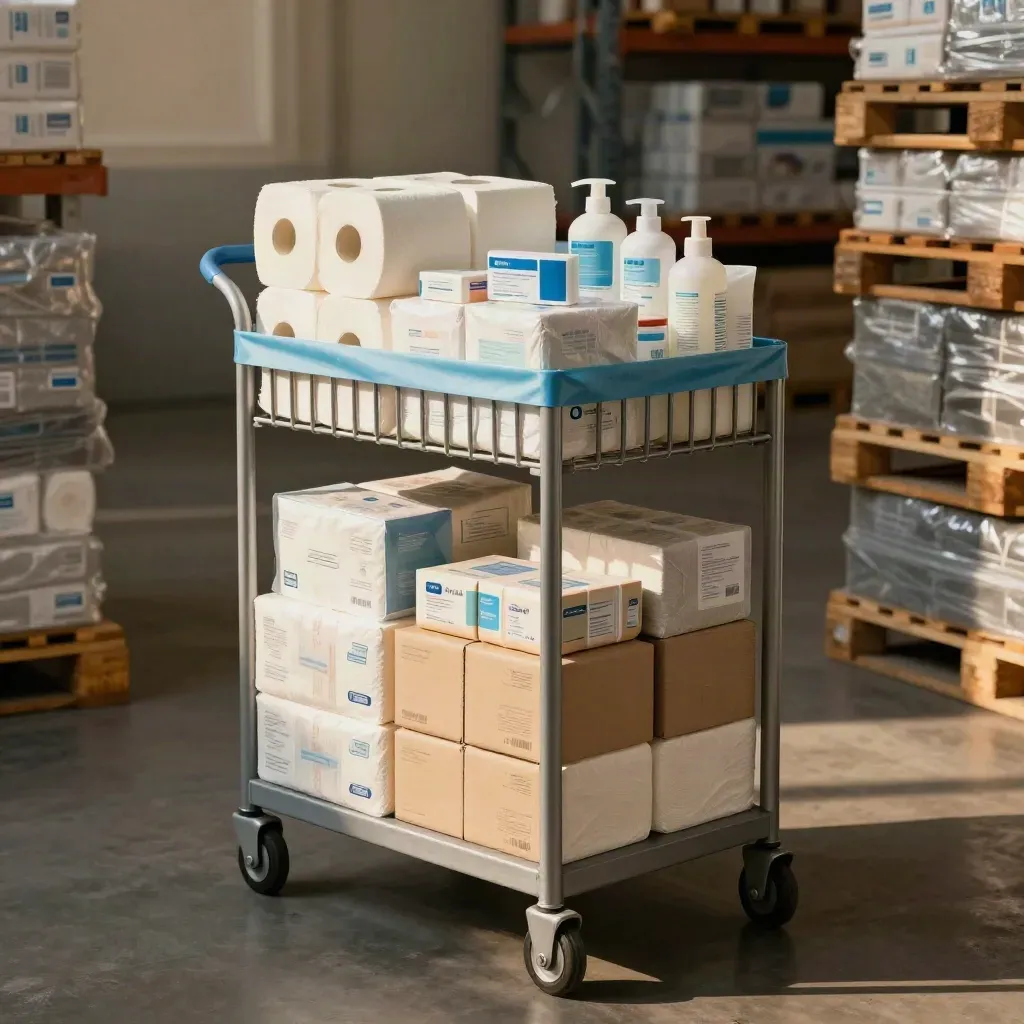 Bulk hygiene cart with care kits and refill bottles in a sunlit warehouse aisle
