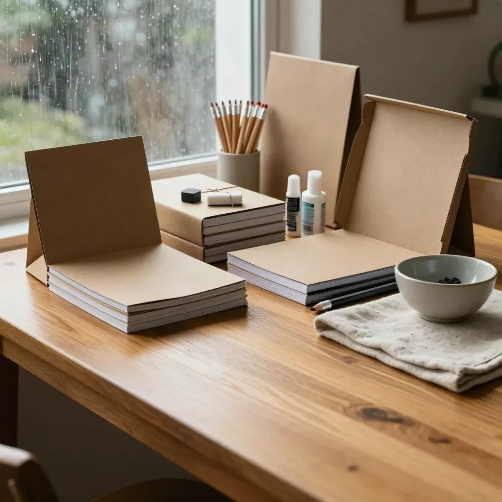 Rain-lit school supply kits on a honeyed wood table by a window, with cartons, linen and bowl.